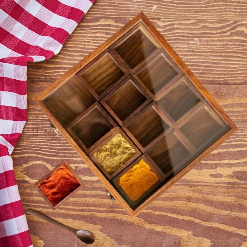 Wooden Spice Box with 12 Container Glass Lid for Kitchen - Spice Organizer