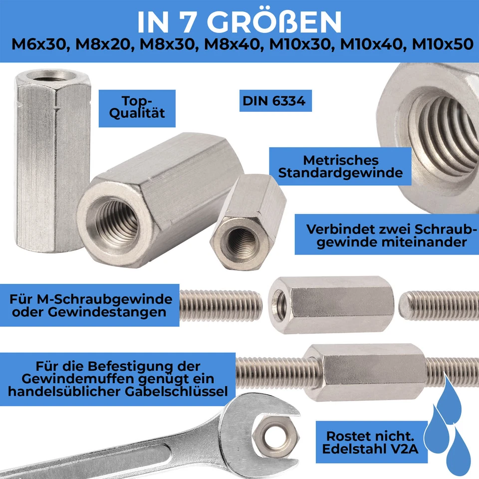 Gewindemuffen Langmuttern M6 - M10 Edelstahl V2A A2 Sechskant Verbindungsmutter - Bild 2 von 4