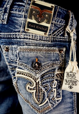 $220 Mens Rock Revival Jeans ''Alpine'' Leather Inserts Faux Straight 32 X 30