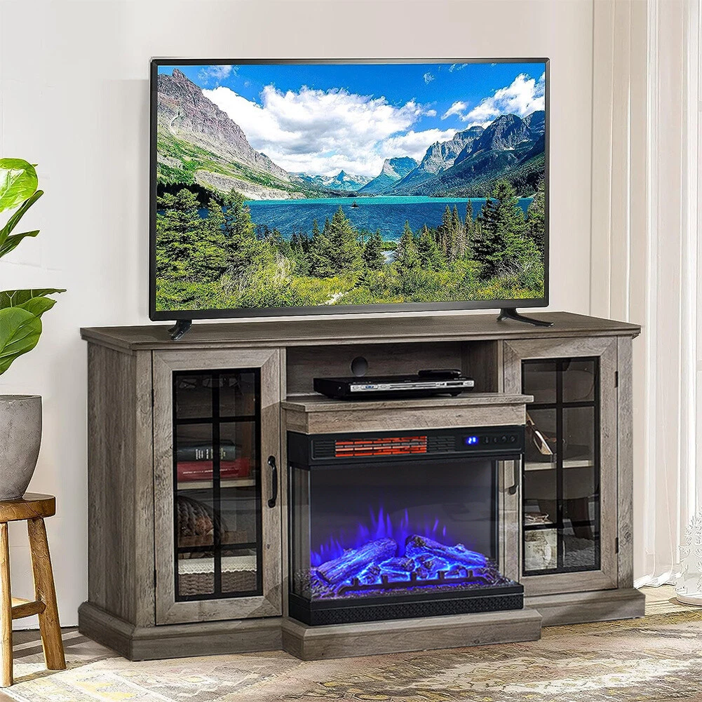 UK Electric Fireplace LED Log Fire Flame Grey Surround Standing