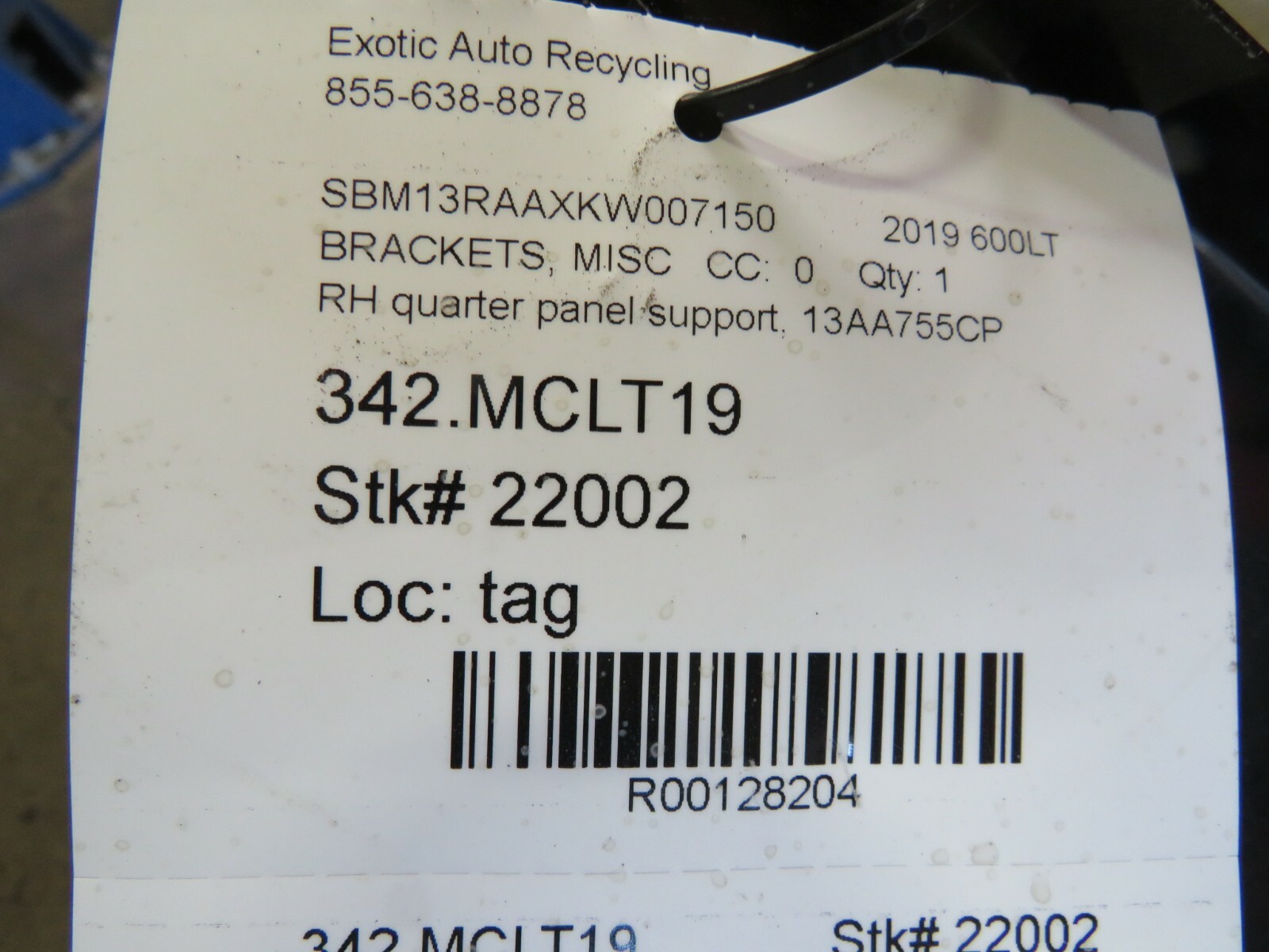 Mclaren 600LT, RH, Right, Quarter Panel Support Bracket, Used, P/N 13AA755CP