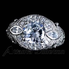  2 ANTIQUE / VINTAGE STYLE BRILLIANT CLEAR CZ RING SZ-5 925 STERLING SILVER-NF
