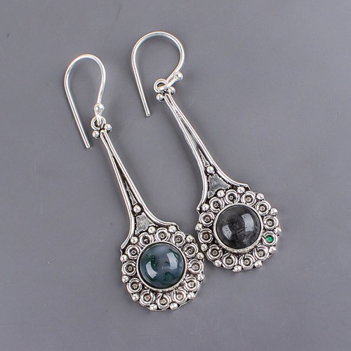 Moss Agate Gemstone Drop Dangle Earrings 925 Sterling Silver Handmade Jewelry - Picture 2 of 5
