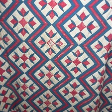Gorgeous Antique Quilt Tulip Star Handmade Stitched Red Blue Diamond Zigzag VTG