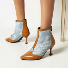 Women's Pointy Toe Faux Leather Mid Kitten Heel Ankle Boots Zip Shoes Oversize