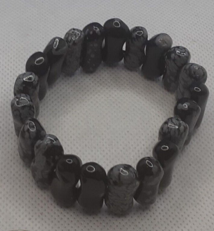 Bracelet Stretch Black/Green Agate Wide panel Stone  Vtg Unusual Striking 9/5-11