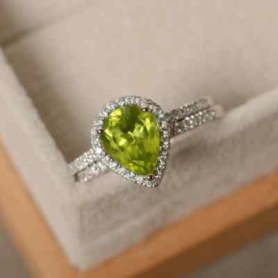 925 Sterling Silver Natural Peridot Ring, Pear Cut Party Wear Ring Set For Women