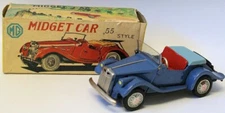 Vintage Tin Litho Friction Blue 1955 Style MG Midget Roadster Car, SSS Japan