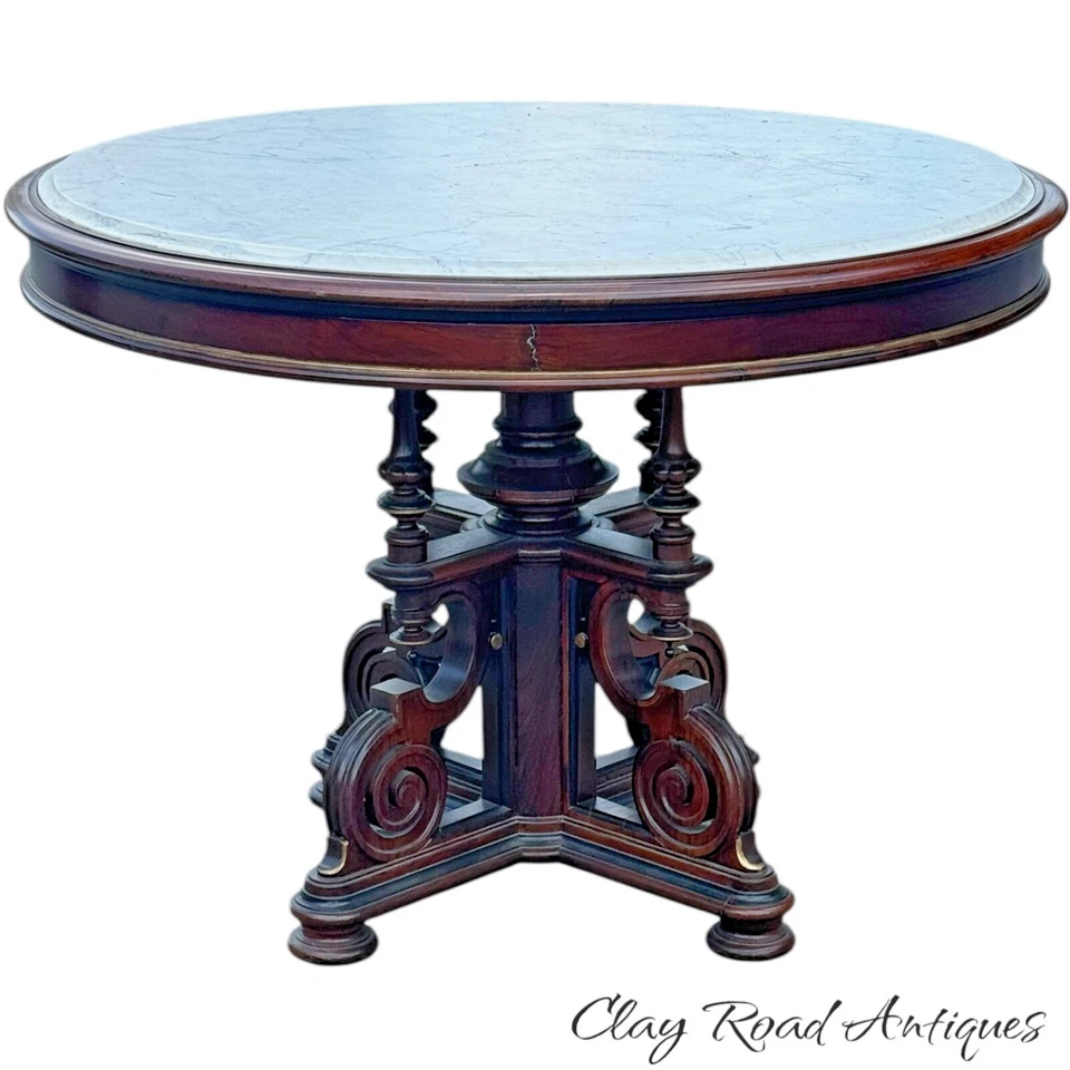Mesa de salón central antigua victoriana victoriana redonda de mármol 41 renacentista Foto 2 de 4