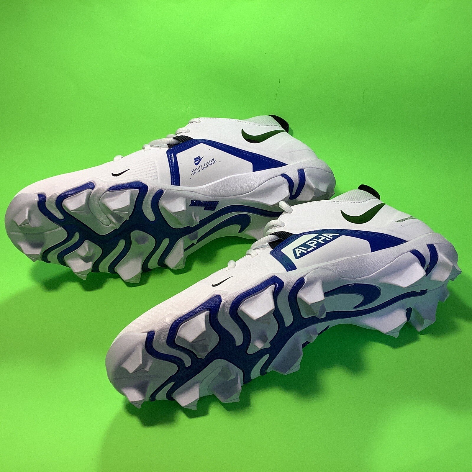 NIKE ALPHA MENACE Men’s Football Cleats Size 11.5 White w/Blue, Black