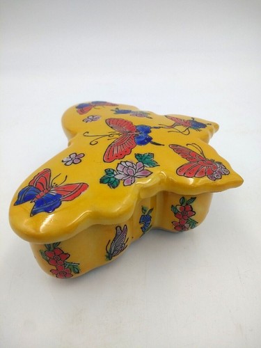 Vintage Chinese Yellow Porcelain Butterfly Floral Trinket Stash Jewelry Box - Picture 3 of 12
