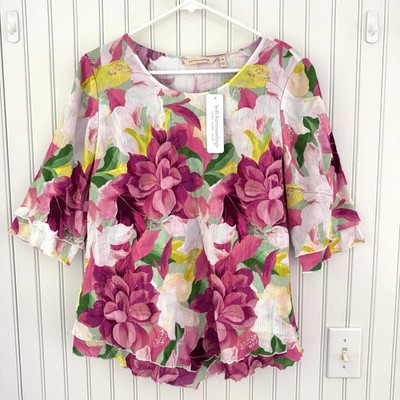 Soft Surroundings P M Siesta Key Tunic Botanical Floral Asymmetrical Lettuce Hem