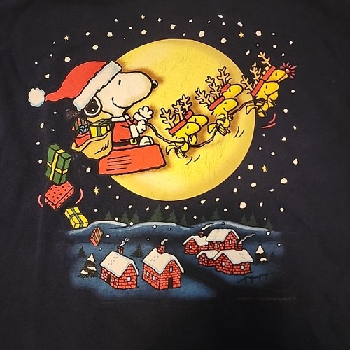 Vintage 90s Peanuts Shirt Men Large Blue Christmas Santa Snoopy Woodstock - Picture 4 of 5