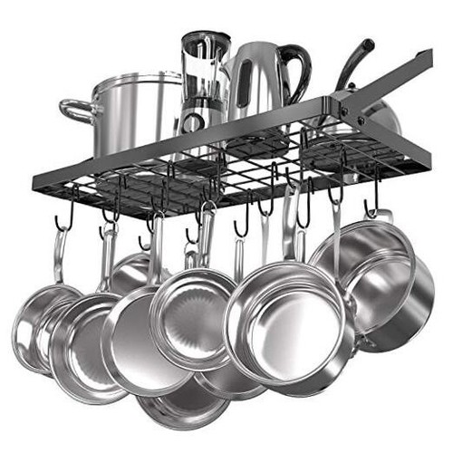 Hanging Pots and Pans Organizer - Wall Mounted Pot Rack with 15 Hooks, Black