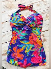 Vintage 90s E-Stewart neon tropical one piece swimsuit halter swimsuit sz 16 EUC