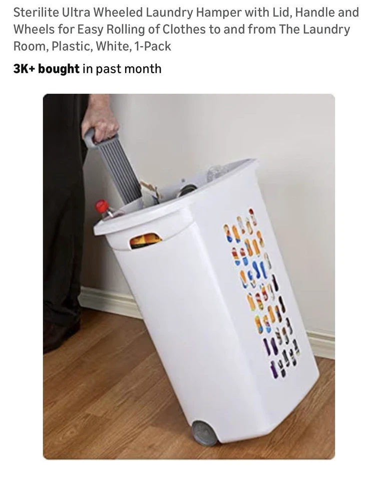 Hamper de lavanderia com ultra rodas com tampa, branco, plástico, alça e rodas. - Imagem 2 de 2