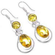 Yellow Citrine Gemstone Handmade 925 Sterling Silver Jewelry Earring Size 2.1"