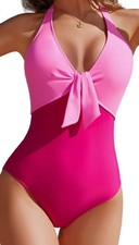 Women's One Piece Swimsuit Halter Bathing Suit Pink Sz Large Tummy Control