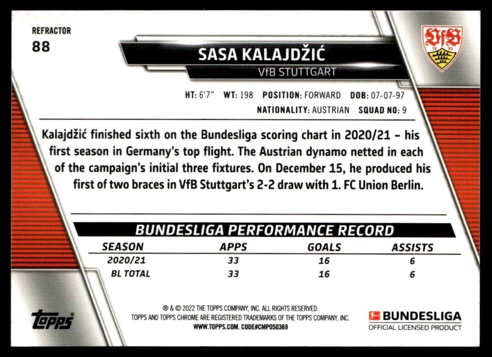 2021 Topps Chrome Bundesliga Refractor Sasa Kalajdzic VfB Stuttgart #88 - Image 2 of 2