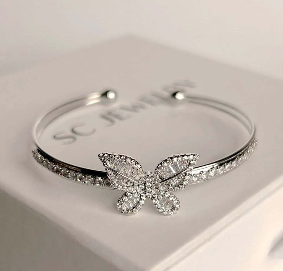 Butterfly Bangle Bracelet Platinum Plated Baguette Stone - Image 2 of 4