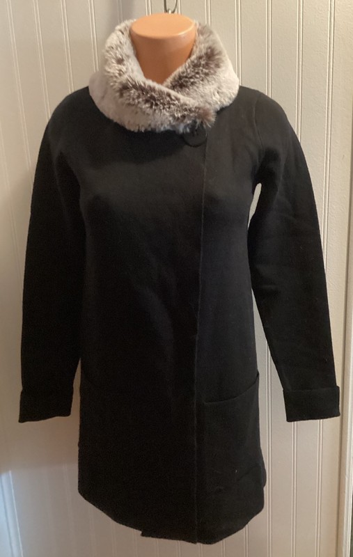 Jones & Co. NY, Vtg Retro Y2K Black Car Coat W Faux Fur Detachable Collar XS