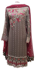 Pakistani 3PC Kameez Shalwar Dupatta Brown Burgundy Women Size M Chiffon / Silk