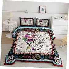 Bohemian Comforter Set, Sugar Skull Flower Bedding Sets, Queen Multi 19