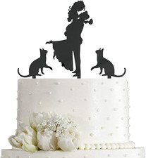 Wedding Cake Topper - Bride Hold Groom with Flowers besides Two Pet Cats Silhoue