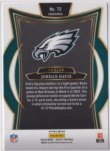 Jordan Davis 2024 Panini Select Red & Blue Flash Prizm Rookie #72 - Picture 2 of 2