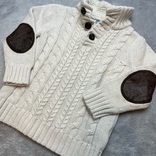 babyGap Cable Knit Fisherman Sweater Sz 4 Yr Cream Sherpa Collar Elbow Patches