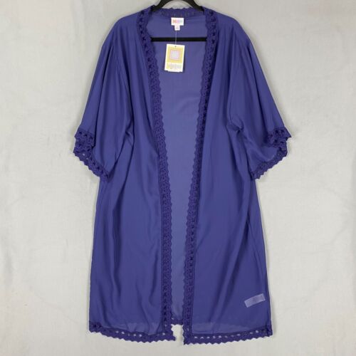 LuLaRoe Chloe Kimono Cover Up Top Womens M Blue Sheer Lace Trim Open Front NEW