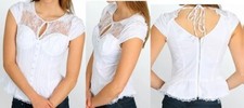 White Lace Keyhole Button Front Corset Look Cap Sleeve Top Bra Lined Zip Back