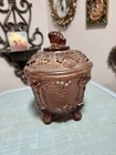 Jeannette Smokey Brown 4 Footed Candy Dish W Lid Harvest Grape Vintage 