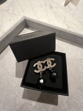 AUTHENTIC Chanel Black and Gun Metal Grey CC Drop Earrings