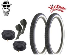 VINTAGE LOWRIDER BICYCLE TIRE 24 x 2.125 BLACK/WHITE BLUE LINE DIAMOND 6pc SET.