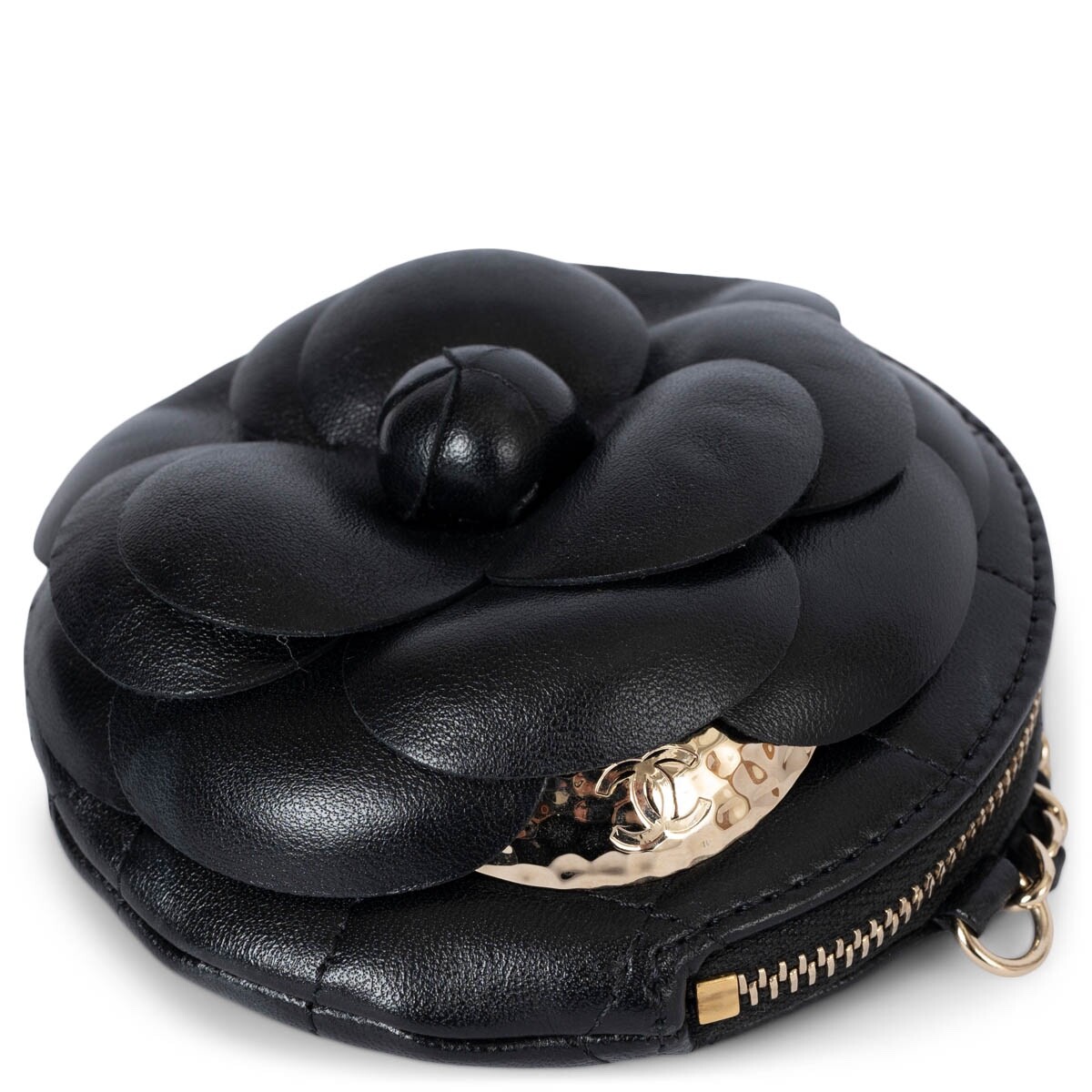 69551 auth CHANEL black Shiny Aged leather 23k CAMELLIA Clutch 