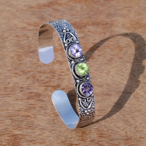 Faceted Amethyst & Peridot Cut Gemstone Cuff 925 Sterling Silver New Art Bangle - Picture 4 of 7