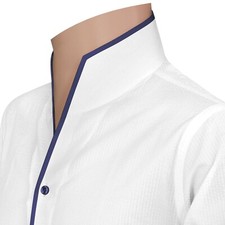 Mens High Open Collar Highlighted Navy Blue Piping White Seersucker Summer Shirt