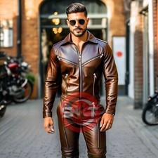 HOMBRE GENUINO CUERO OVEJA MARRÓN MONO CATSUIT GENERAL CREMALLERA BODY VESTIDO