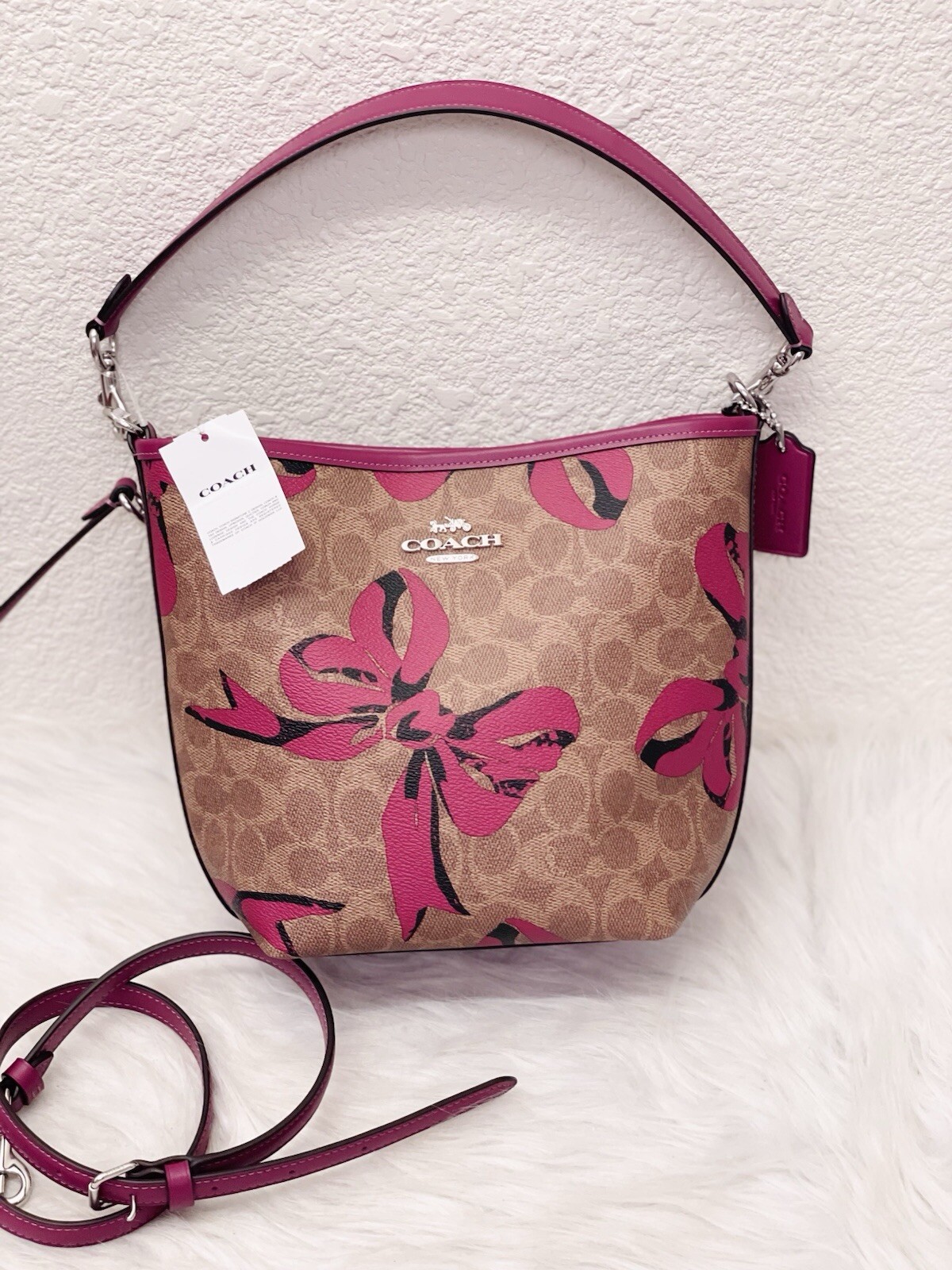 NWT Coach CY651 Signature Canvas Bucket Bag with Bow Print in Tan Pink