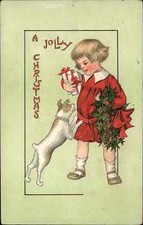 Tuck Navidad Niños Cachorro Salta en Niño con Regalos c1910 Postal Vintage