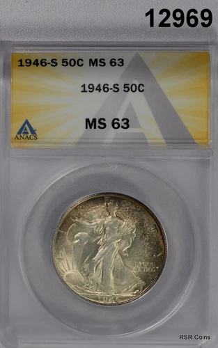1946 S WALKING LIBERTY HALF ANACS CERTIFIED MS63 GOLDEN COLORS! #12969