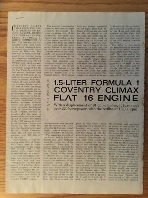ENG216 Article Engine 1.5 Liter Formula 1 Coventry Climax Flat 16 Engine 1965 4p