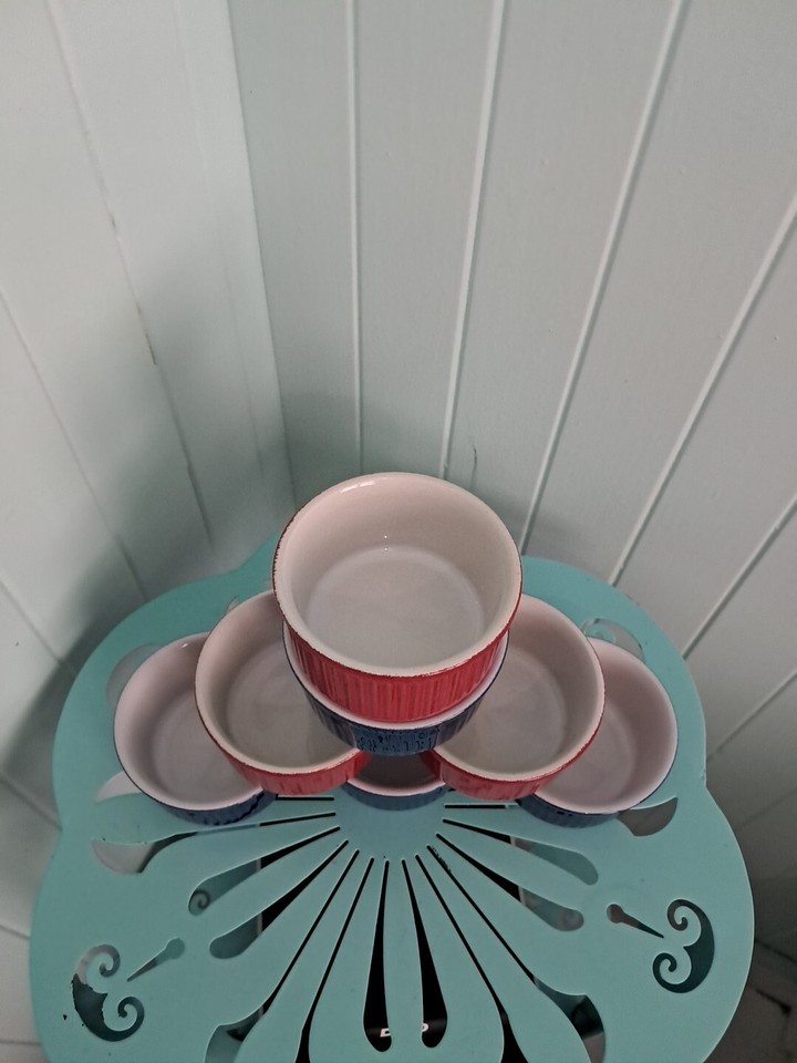 Lot Of 7 Emile Henry Stoneware Ramekins Red Blue Ribbed Custard Soufflé