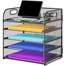 5 Tier Paper Organizer with Handle, Metal Mesh Desk Organizer File Folder Black