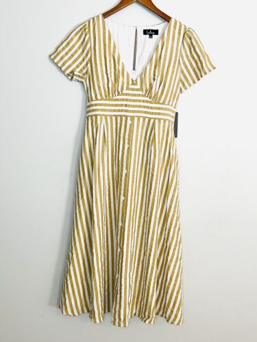 Lulu’s NEW Swingdance Striped Button Front Midi Dress Mustard Yellow White Sz L