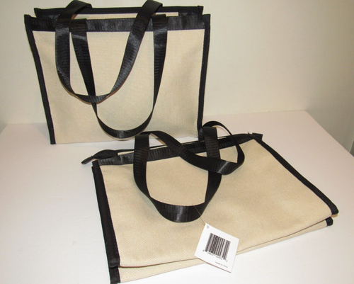 2 Canvas Bag Set Macy's Beige Black Shopping Tote Handbag Purse Bags NEW Cream - Picture 2 of 5