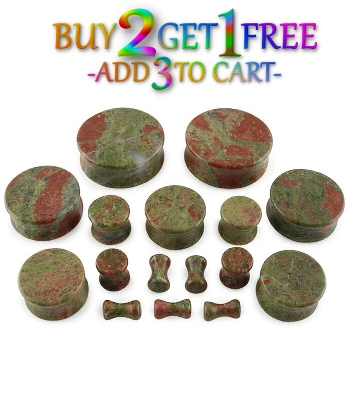 Par de tapones de piedra UNAKITE 8g-1" Medidores de Doble Llamarada Orgánicos Oreja Verde Rosa 1046 Foto 2 de 3