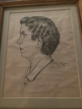 Sketched Art Drawing  lady by Joe Dunn New Orleans 5-6- 1956 Framed Gold Picture