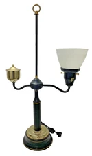 Black Metal & Brass Lamp Tole Student Banker Library Corning Milk Glass Shade